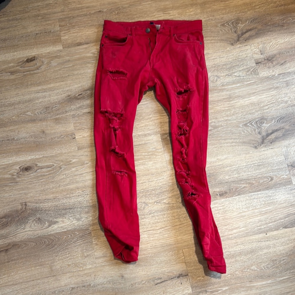 Men's Red Distressed Jeans